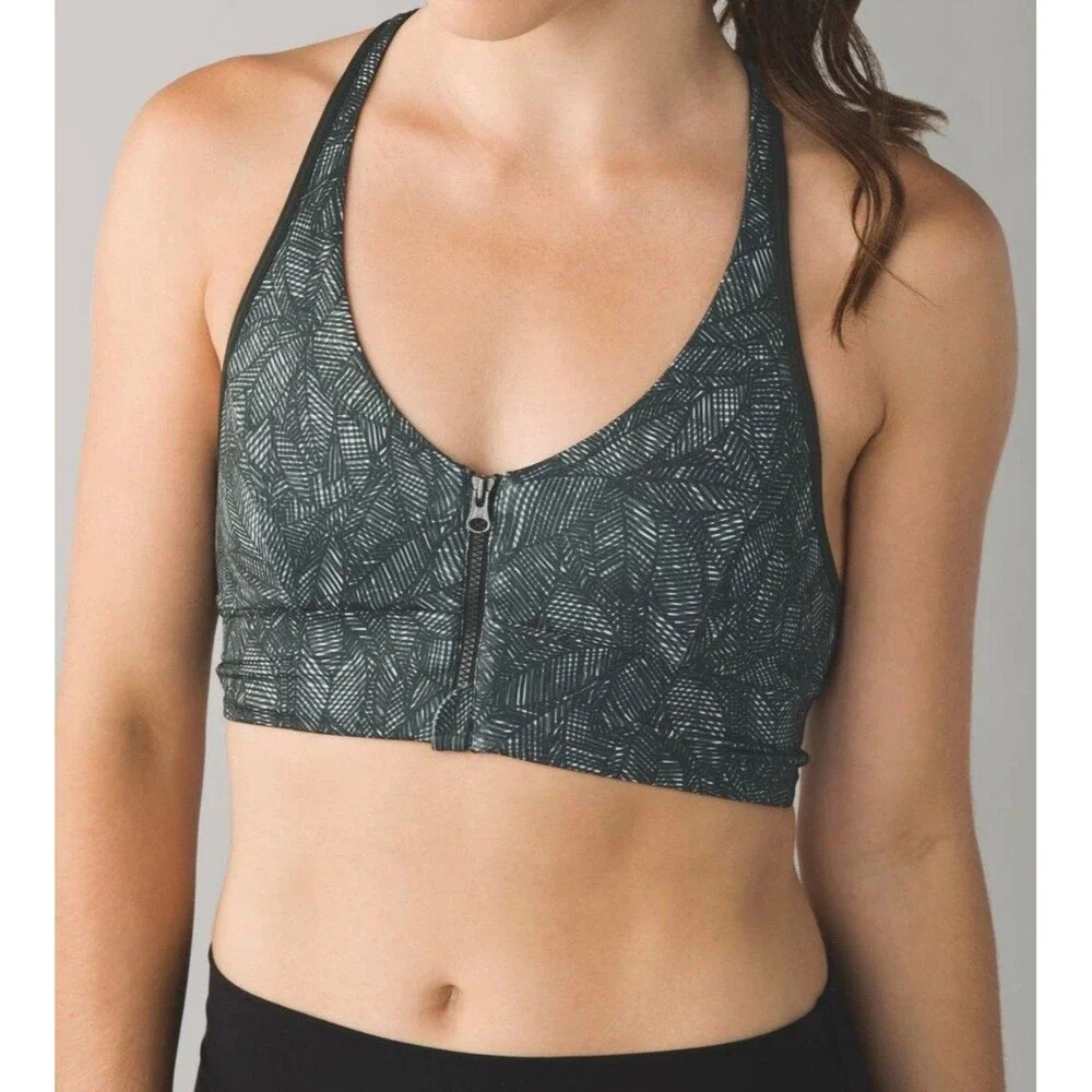 Lululemon Cool To Street Crop Jazzy White Gator Green Zip Up Front Sports Bra 8